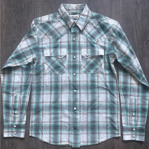 Ariat Men's Teal and White Plaid Button Down Shirt - Picture 1 of 6